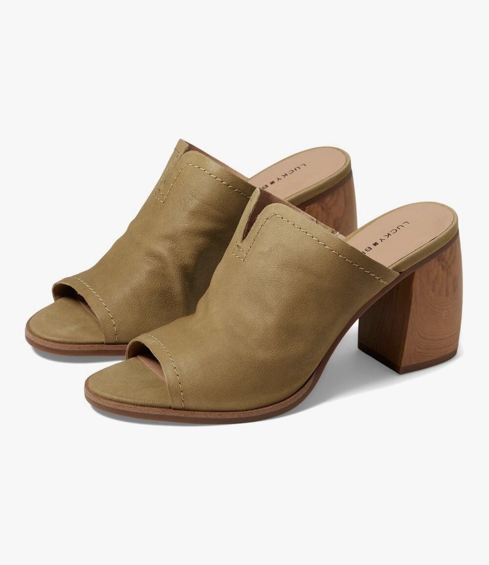Lucky Brand 8.5 Block Heel Mule Peep Toe Leather Neutral Xynia Fennel Seed NWOT